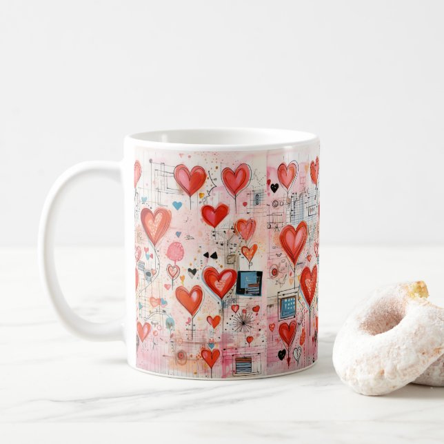Mug Red Hearts Whimsical Love Motif (Avec donut)