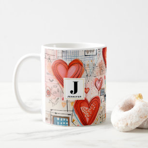 Mug Red Hearts Whimsical Love Motif Monogramme