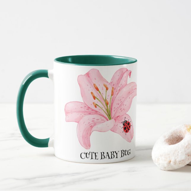 Mug Red Ladybug rose Lily Flower nom personnalisé fill (Avec donut)