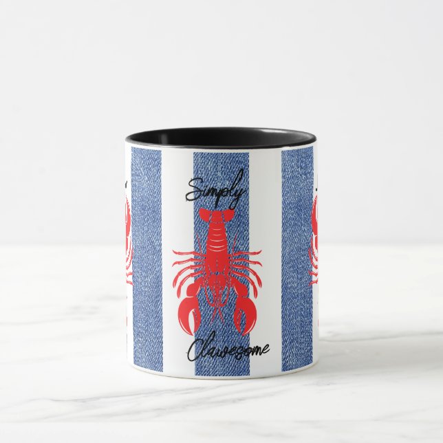 Mug Red Lobster sur Rayures de Denim Bleu et Blanc (Centre)