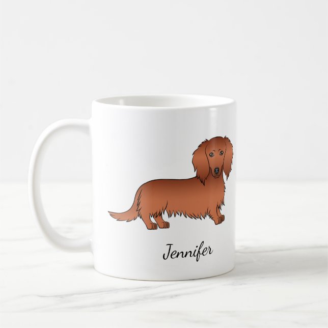 Mug Red Long Cheveux Dachshund mignon Dessin et nom (Gauche)