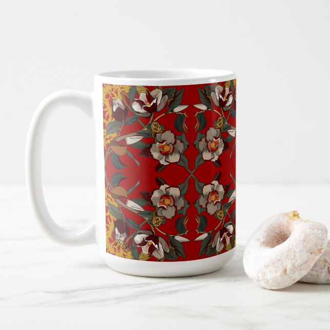 Mug Red Magnolias on Red Background (Avec donut)