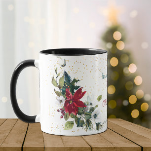 Mug Red Poinsettia Bouquet Parties scintillant or Noël