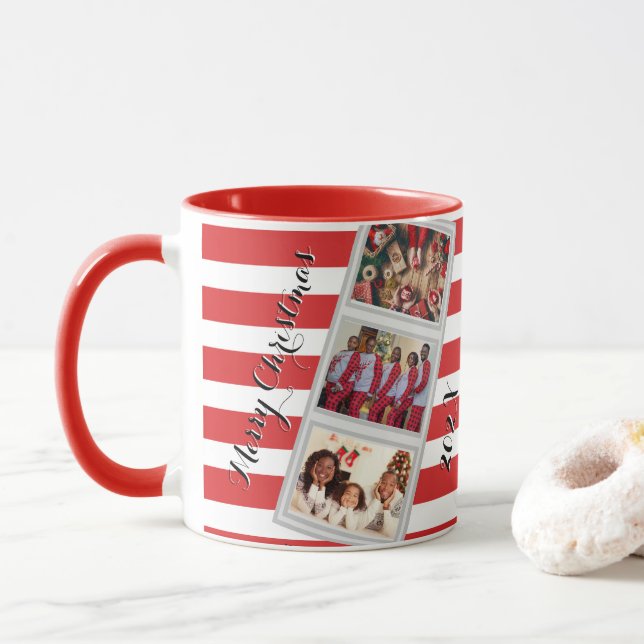 Mug Red Stripe Christmas Photo 3 Pictures Three Photo (Avec donut)