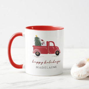 Mug Red Truck Christmas Tree Snow Man Name Holiday