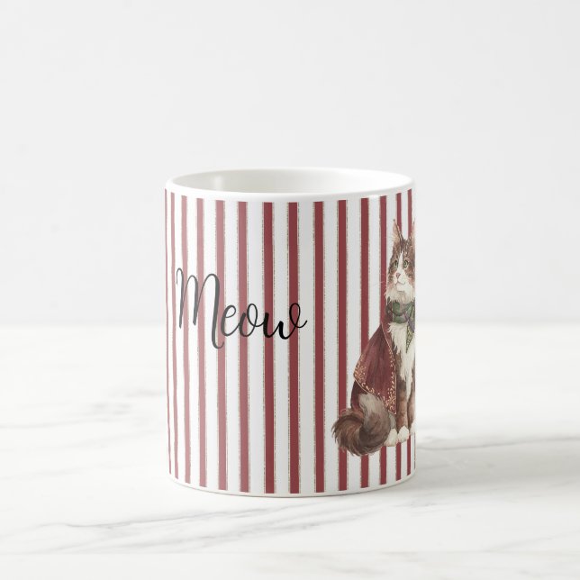 Mug Red White Stripes Meow Cat (Centre)