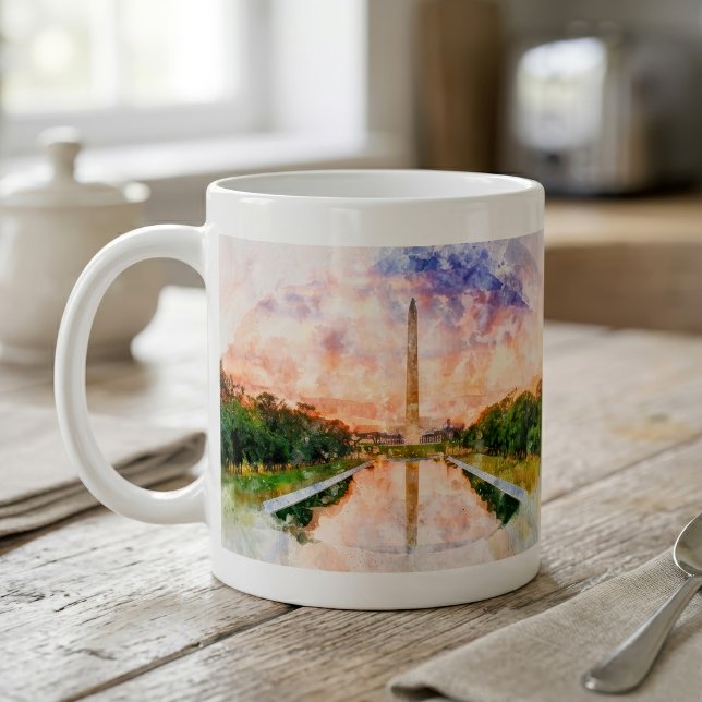 Mug Reflet du coucher de soleil aquarelle du monument  (Washington Monument Watercolor Sunset Reflection. Coffee Mug)