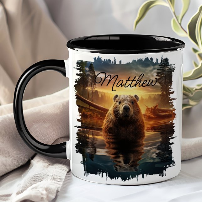 Mug Reflet du lac au lever du soleil avec un castor (Créateur téléchargé)
