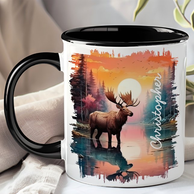 Mug Réflexion d'un orignal au lac au coucher du soleil (Créateur téléchargé)