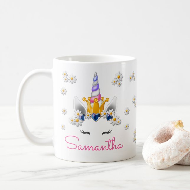 Mug Regal Unicorn Princess Crown Rhinestones & Daisies (Avec donut)
