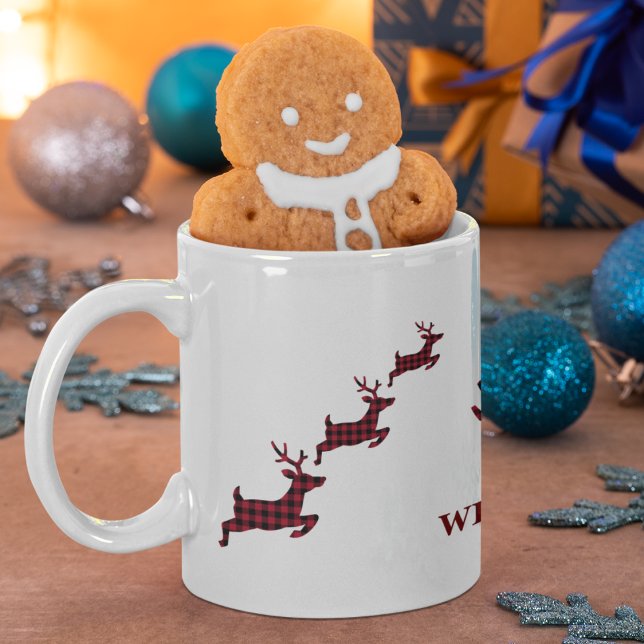 Mug Reinder de Noël Rouge noir Buffalo Plaid Check (Reindeer Festive Mug)