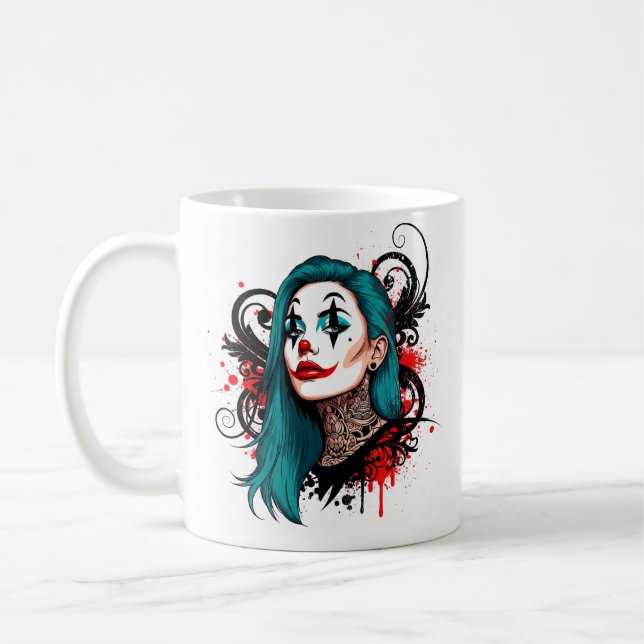 Mug Reine Clown aux Cheveux Cyan - Design Chic Étrange (Gauche)