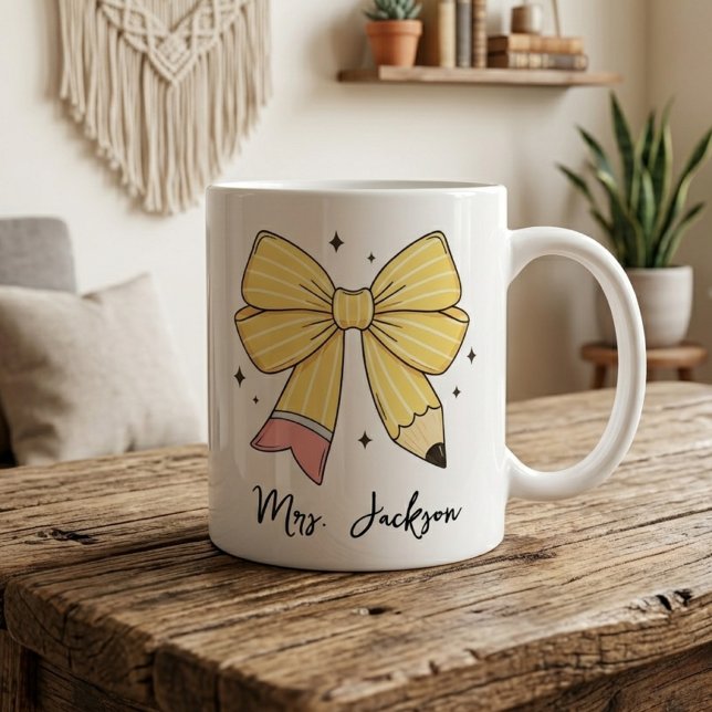 Mug Remerciement aux enseignants | Professeur avec un  (Kindergarten Teacher Coffee Cup | Retro Teacher Aesthetic Pencil Bow Mug | Back To School Gift)