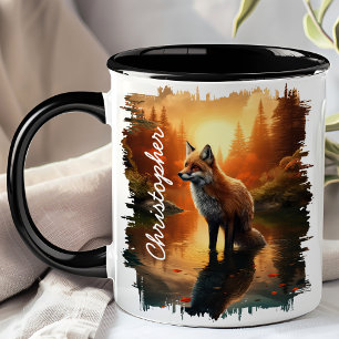 Mug Renard au coucher de soleil, reflets de la forêt