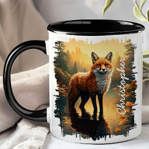 Mug Renard dans la réflexion de la forêt automnale