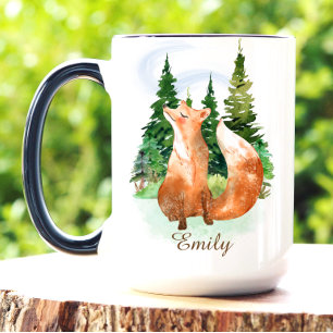 Mug Renard de la forêt de pins Cottagecore Aquarelle