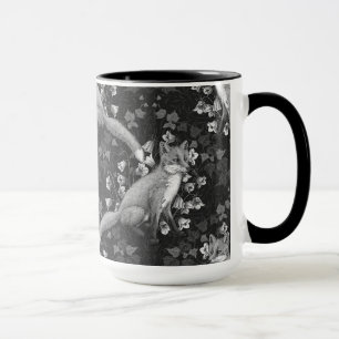 Mug Renard, fleur et lierre, monochrome, mur argenté