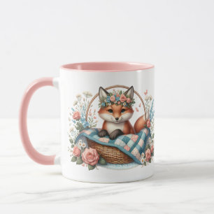 Mug Renard floral dans un panier avec courtepointe et