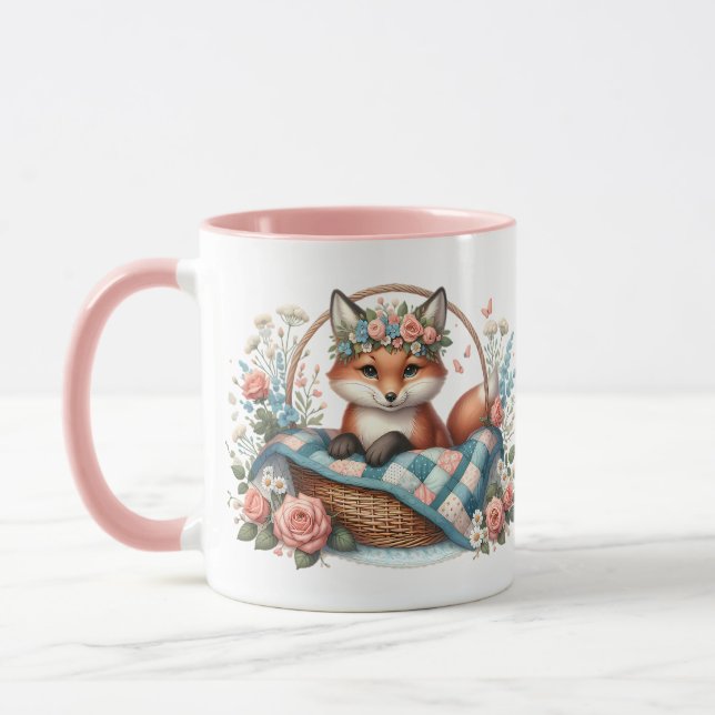Mug Renard floral en panier avec courtepointe et fleur (Gauche)