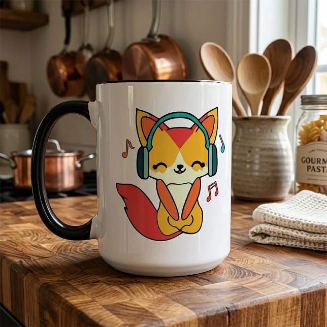 Mug Renard heureux avec écouteurs en train d'écouter d (Happy fox with headphones listening to music. mug)