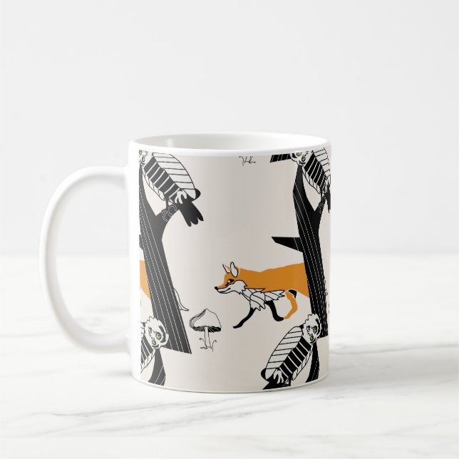 Mug Renard, hibou, arbre, vintage sans soudure. (Gauche)