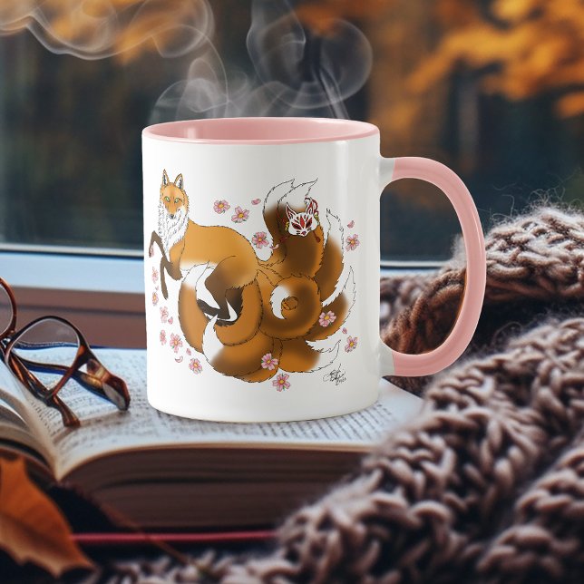 Mug Renard Kitsune Fantaisiste Fleurs de Cerisier Bleu (Créateur téléchargé)