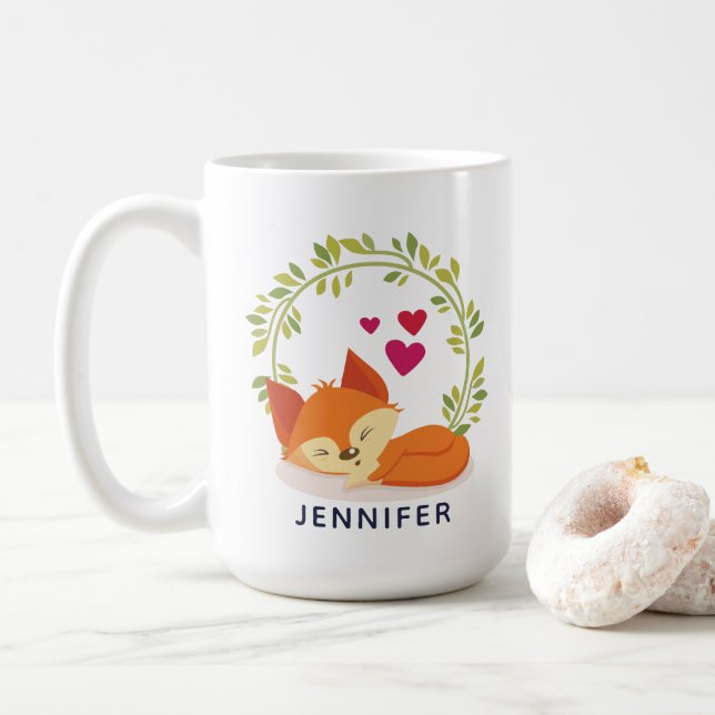 Mug Renard orange mignon, Coeurs rouges et une couronn (Avec donut)