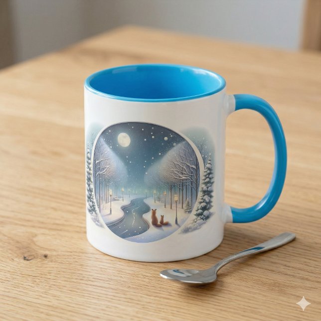 Mug Renards d'hiver au clair de lune sur la rivière en (Winter Foxes by Moonlit Snowy River Mug)