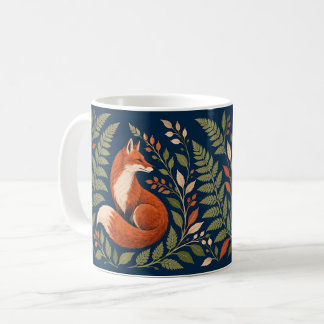 Mug Renards orange rouille avec fougères sur fond bleu