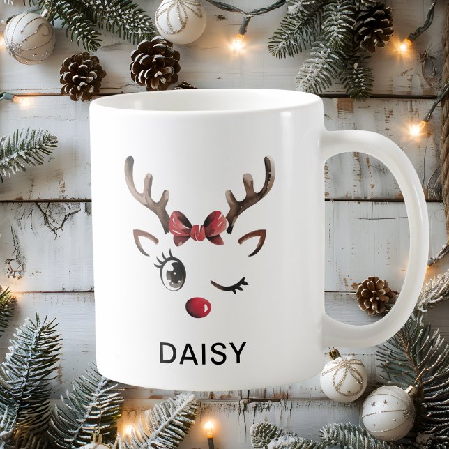 Mug Renne à l'arc rouge clignotant Noël Nom personnali (Winking Red Bow Reindeer Christmas Custom Name Coffee Mug
)