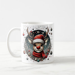 Mug Renne à nez rouge avec art de chapeau de Santa