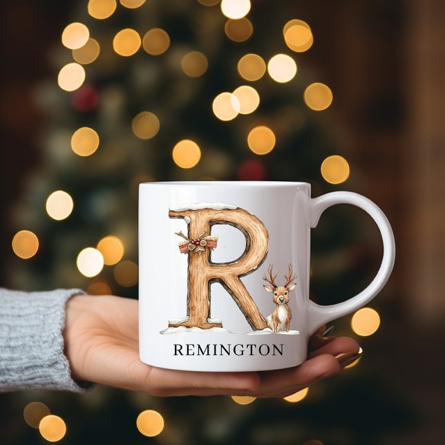 Mug Renne de Noël personnalisé avec monogramme R (Personalized Monogram R Christmas Reindeer Holiday Coffee Mug)