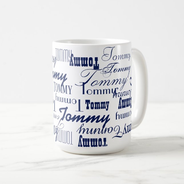 Mug Répéter le nom bleu partout en blanc (Devant droit)