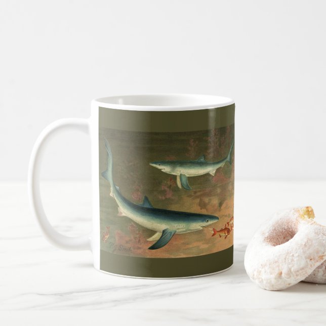 Mug Requins Bleus Mangeant des Poissons, Vie Marine Vi (Avec donut)