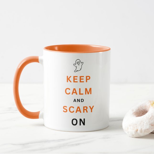 Mug Restez calme et effrayant sur Orange Texte Hallowe (Avec donut)