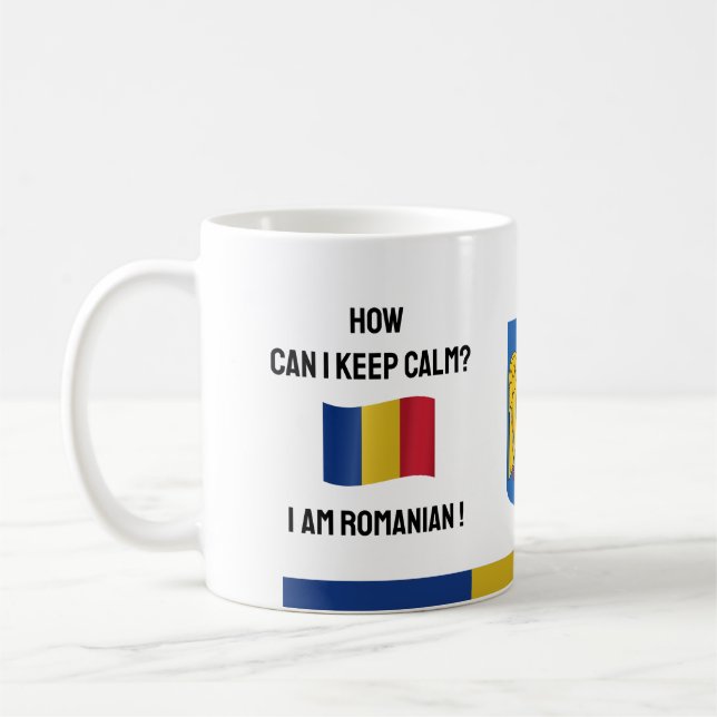 Mug Restez calme Roumanie & Drôle Texte, Drapeau Rouma (Gauche)