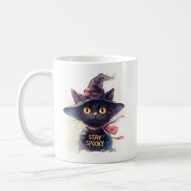 Mug Restez Éffrayant - Aquarelle Chat noir en Casquett (Gauche)