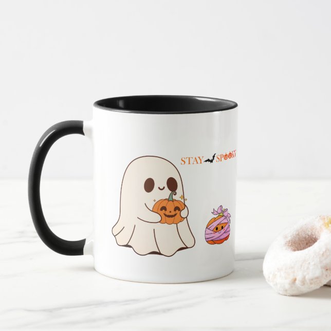 Mug Restez Éffrayant Cute Ghost & Citrouille Halloween (Avec donut)