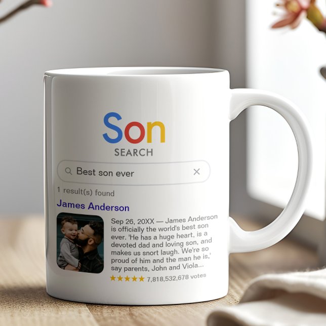 Mug Résultat de recherche drôle de "Meilleur fils jama (Customize the mug with your own search term, your son's name, a photo and your personal message)