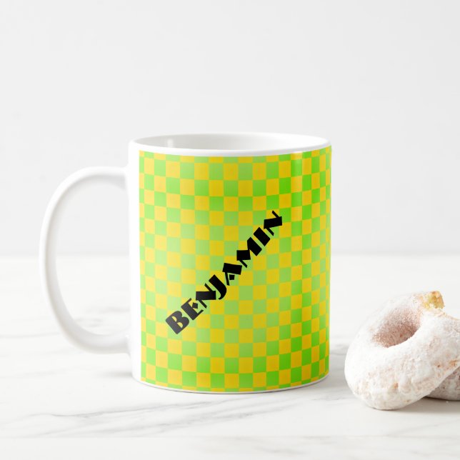 Mug Rétro années 90 Damier jaune citron vert citronné (Avec donut)