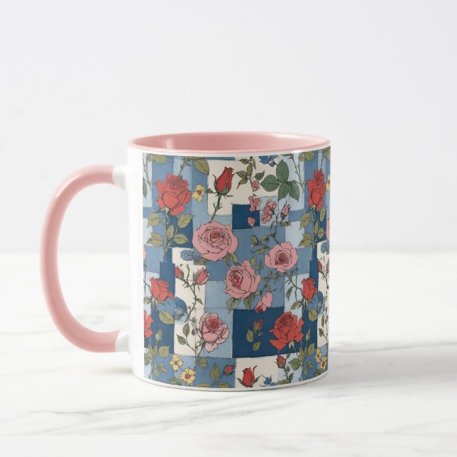 Mug Retro Blue Jean Denim Patchwork avec Rose (Gauche)