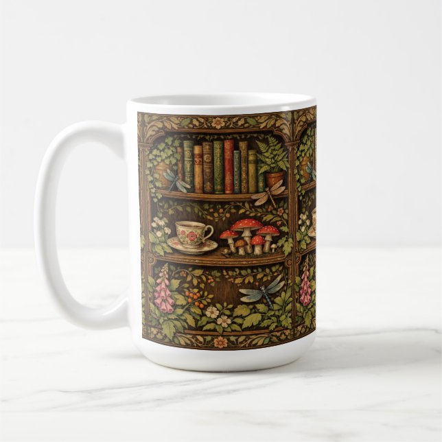 Mug Retro book shelf mushrooms coffee floral  (Gauche)