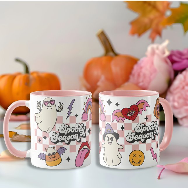 Mug Retro Checked saison Éffrayante girly Happy Hallow (Retro Checked Spooky season girly Happy Halloween Mug)