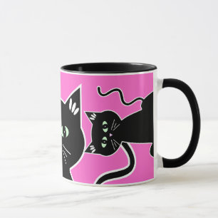 Mug Rétro dessin aux yeux verts de trois chats noirs