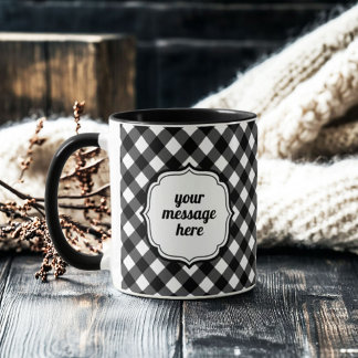 Mug Retro Elegant Personalized Black and White Gingham
