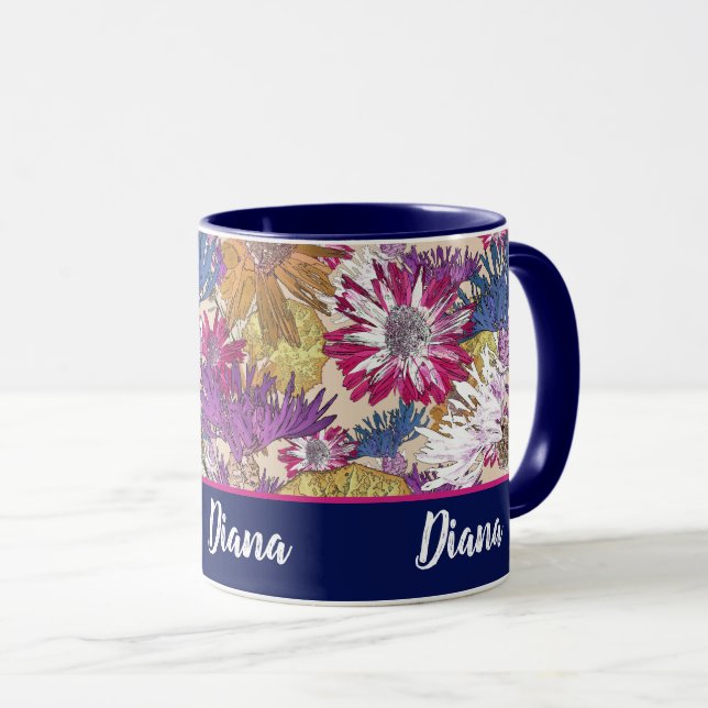 Mug Rétro, floral, fleurs rouges, bouquet, fleurs bleu (Devant droit)