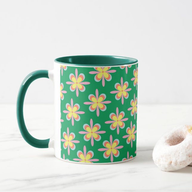 Mug Retro Floral Pattern Colorful Spring Flower Design (Avec donut)