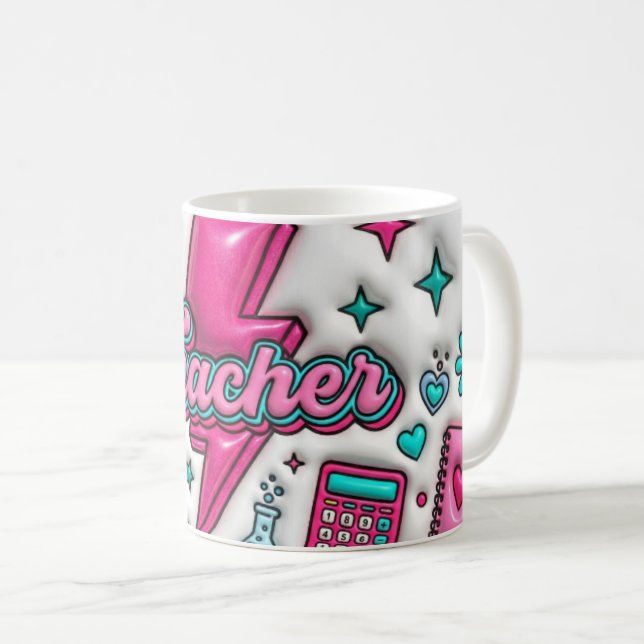 Mug Rétro Groovy Professeur Rose et Turquoise 330m (Devant droit)