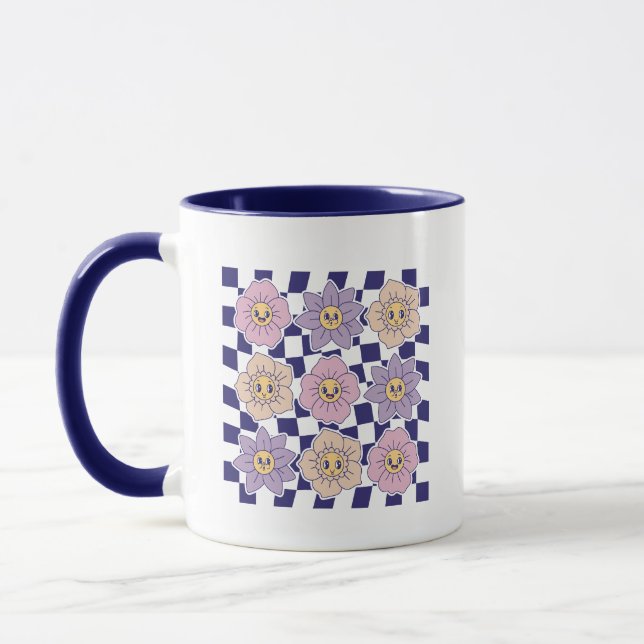 Mug Rétro Groovy Smiley Fleur Damier Esthétique  (Gauche)