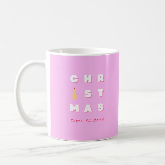 Mug Retro Joyeux Noël rose Décor de vacances Preppy (Gauche)